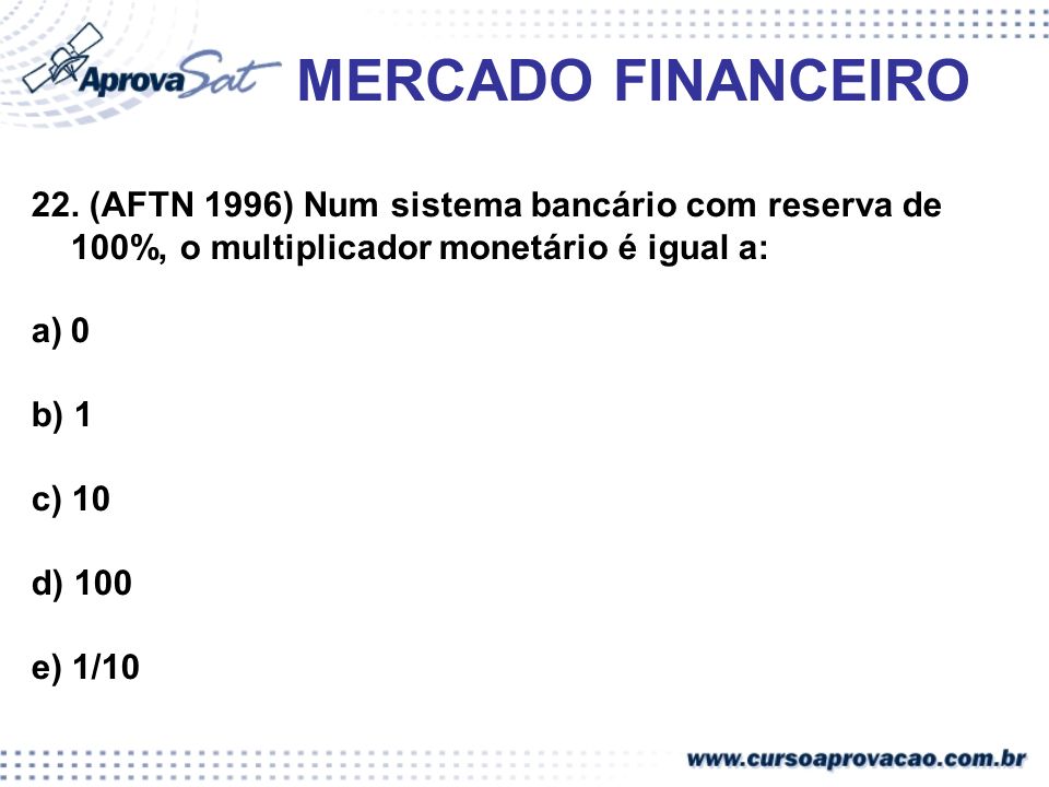 MERCADO FINANCEIRO 22. (AFTN 1996) Num sistema bancário com reserva de 100%, o multiplicador monetário é igual a:
