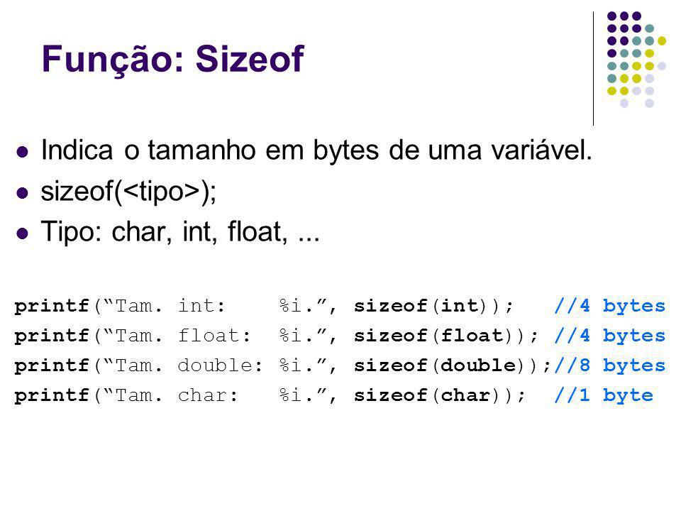 Função: Sizeof Indica o tamanho em bytes de uma variável.