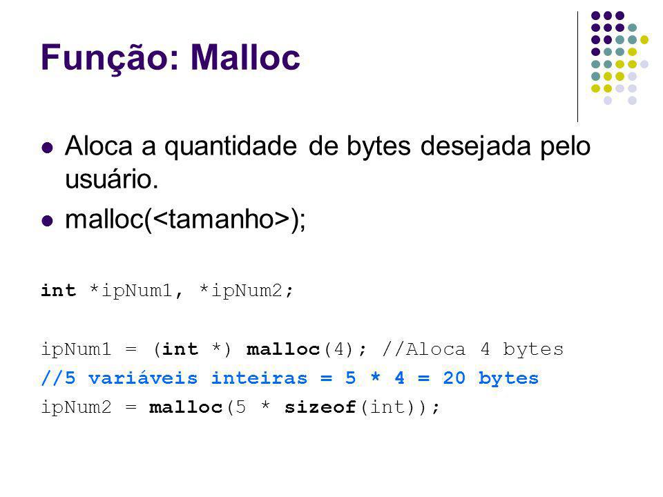 Função: Malloc Aloca a quantidade de bytes desejada pelo usuário.