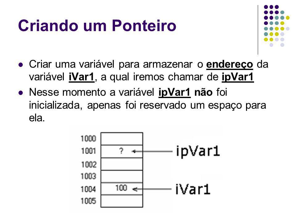 Criando um Ponteiro Criar uma variável para armazenar o endereço da variável iVar1, a qual iremos chamar de ipVar1.