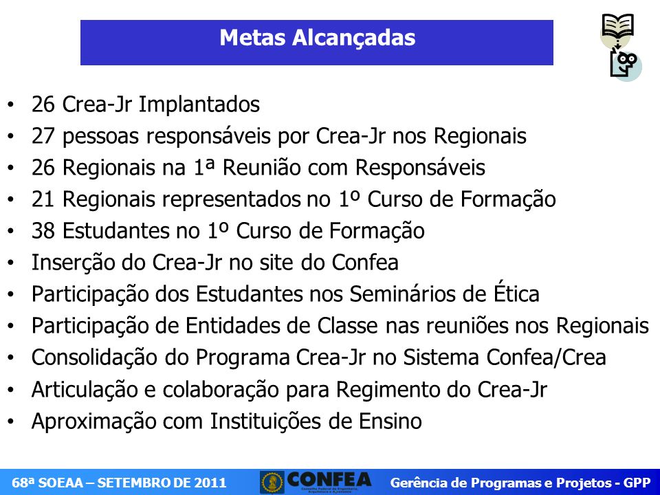 Metas Alcançadas 26 Crea-Jr Implantados. 27 pessoas responsáveis por Crea-Jr nos Regionais. 26 Regionais na 1ª Reunião com Responsáveis.