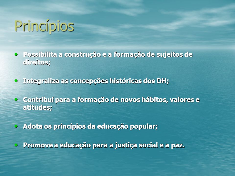 Princípios Possibilita a construção e a formação de sujeitos de direitos; Integraliza as concepções históricas dos DH;