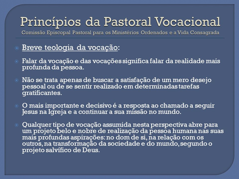 Princípios da Pastoral Vocacional Comissão Episcopal Pastoral para os Ministérios Ordenados e a Vida Consagrada