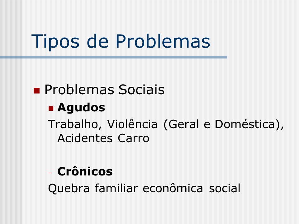 Tipos de Problemas Problemas Sociais Agudos