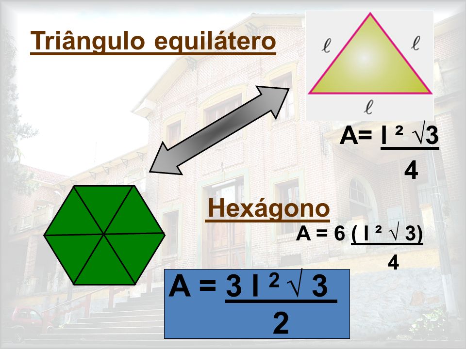 A = 3 l 2 √ 3 2 Triângulo equilátero A= l ² √3 4 A = 6 ( l ² √ 3) 4
