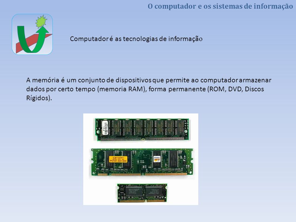 A memória é um conjunto de dispositivos que permite ao computador armazenar dados por certo tempo (memoria RAM), forma permanente (ROM, DVD, Discos Rígidos).