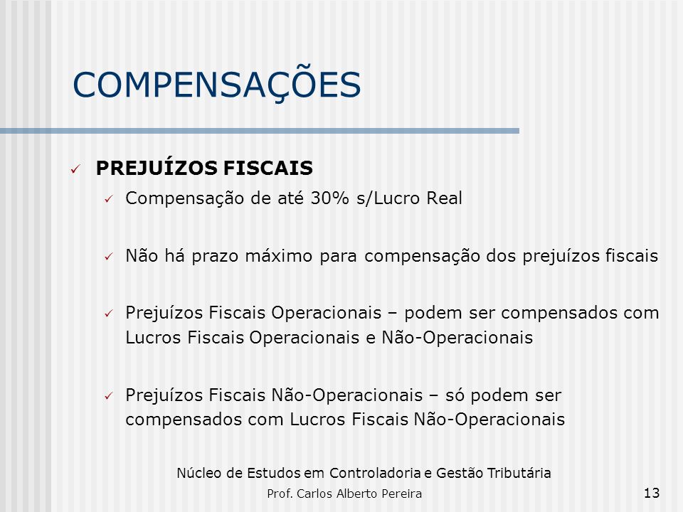 COMPENSAÇÕES PREJUÍZOS FISCAIS Compensação de até 30% s/Lucro Real