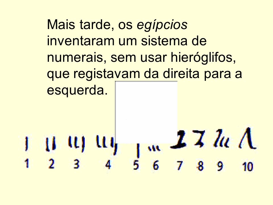 Mais tarde, os egípcios inventaram um sistema de numerais, sem usar hieróglifos, que registavam da direita para a esquerda.