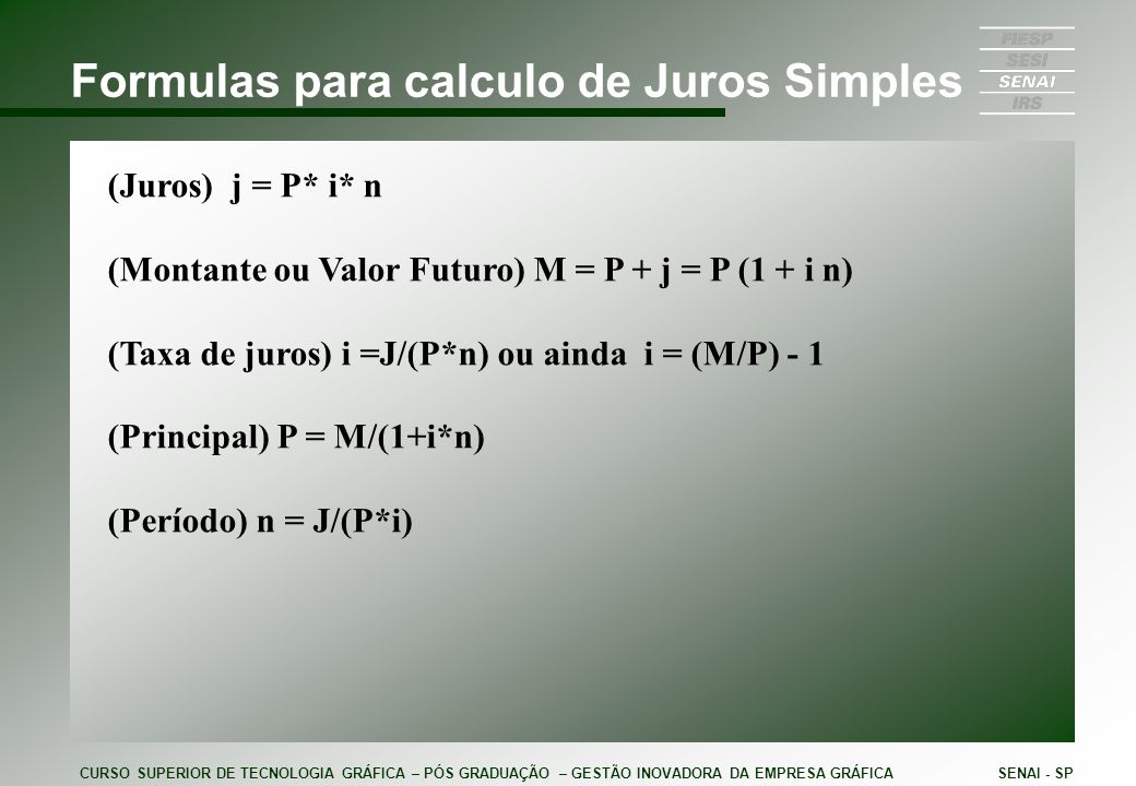 Formulas para calculo de Juros Simples