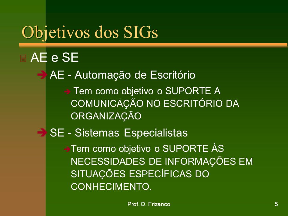 Objetivos dos SIGs AE e SE AE - Automação de Escritório