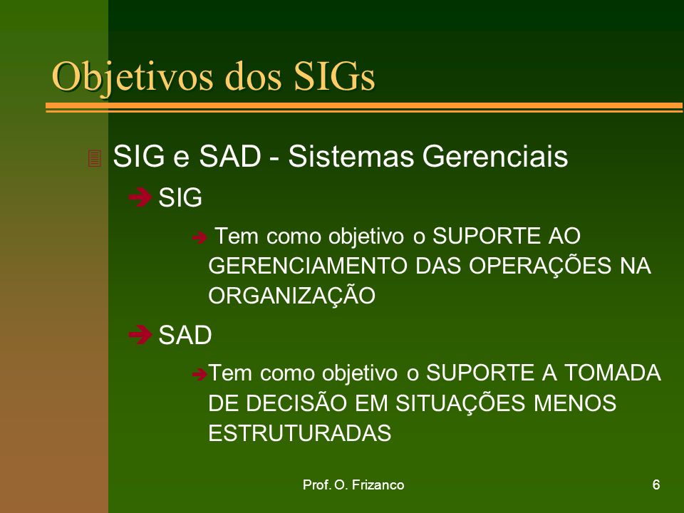 Objetivos dos SIGs SIG e SAD - Sistemas Gerenciais SIG SAD