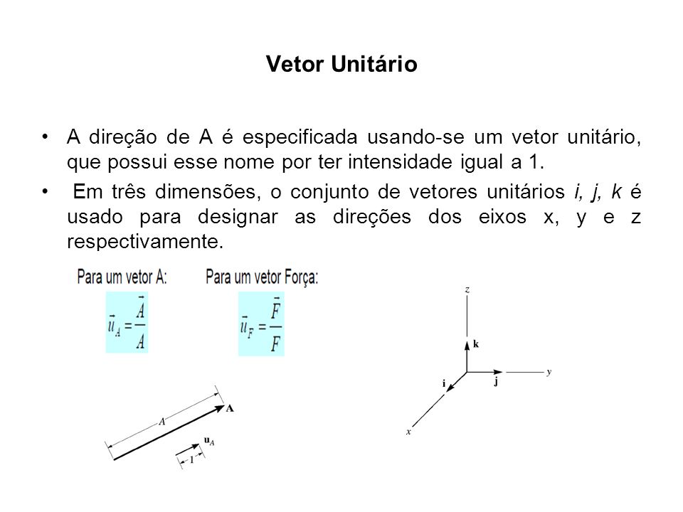 Vetor Unitário A direção de A é especificada usando-se um vetor unitário, que possui esse nome por ter intensidade igual a 1.
