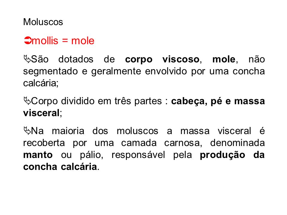 Moluscos mollis = mole. São dotados de corpo viscoso, mole, não segmentado e geralmente envolvido por uma concha calcária;