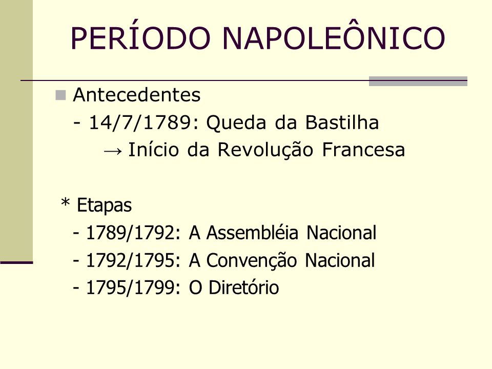 PERÍODO NAPOLEÔNICO Antecedentes - 14/7/1789: Queda da Bastilha
