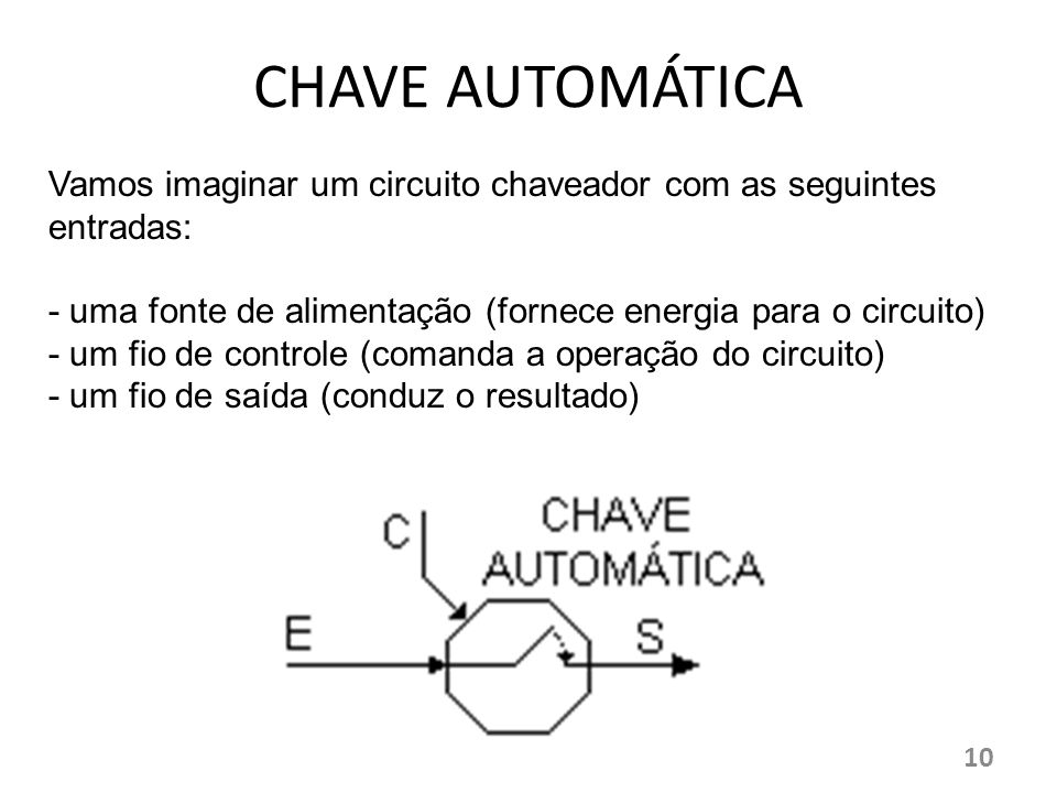 CHAVE AUTOMÁTICA Vamos imaginar um circuito chaveador com as seguintes entradas: - uma fonte de alimentação (fornece energia para o circuito)