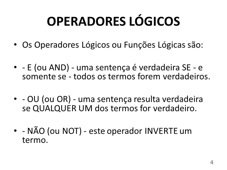 OPERADORES LÓGICOS Os Operadores Lógicos ou Funções Lógicas são: