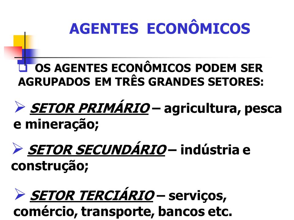 AGENTES ECONÔMICOS SETOR PRIMÁRIO – agricultura, pesca e mineração;