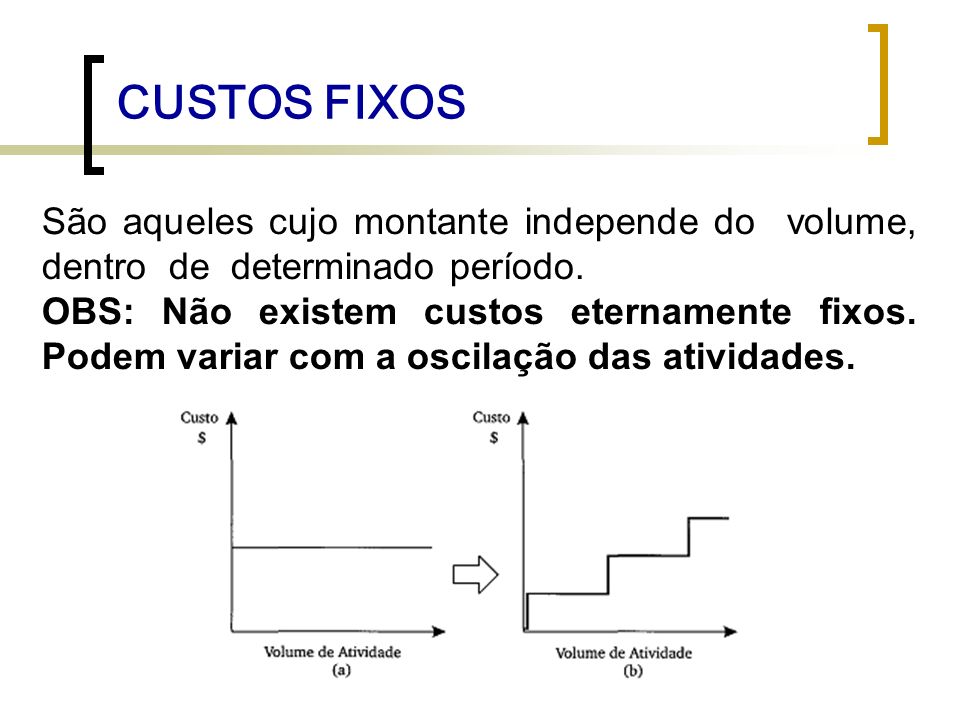 CUSTOS FIXOS São aqueles cujo montante independe do volume, dentro de determinado período.