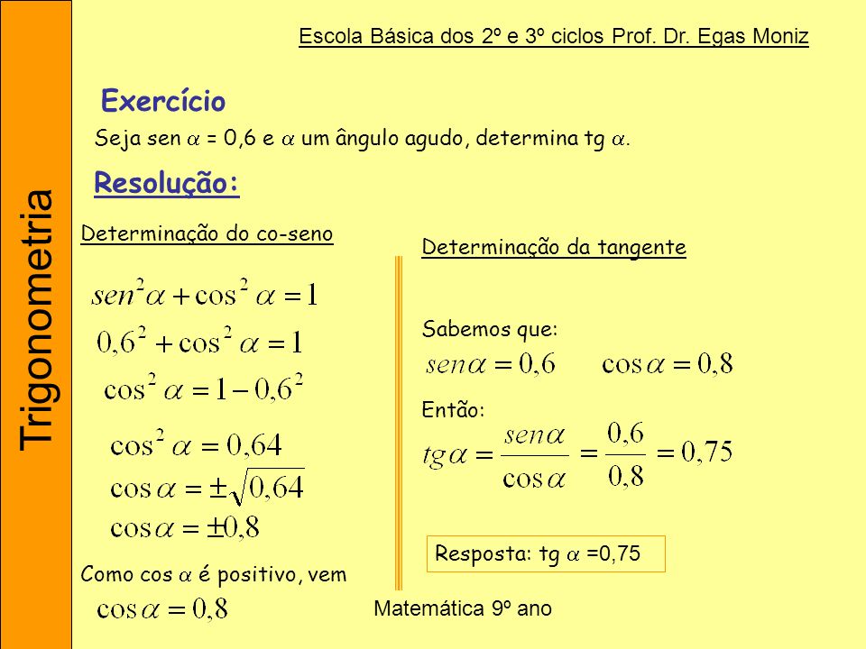 Exercício Seja sen  = 0,6 e  um ângulo agudo, determina tg . Resolução: Determinação do co-seno.