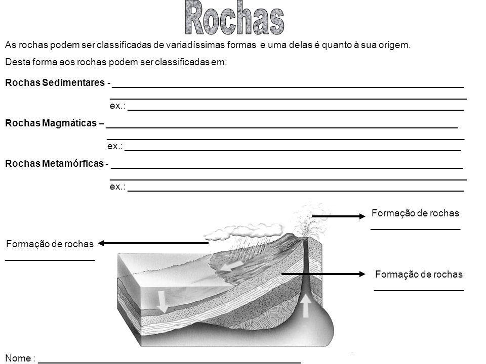Rochas As rochas podem ser classificadas de variadíssimas formas e uma delas é quanto à sua origem.