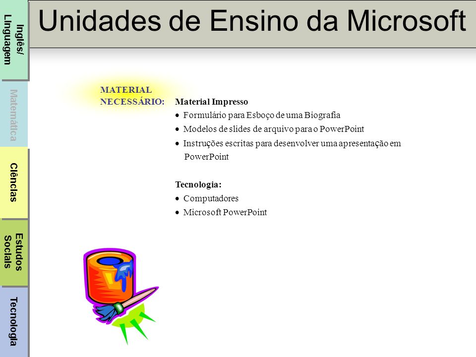 MATERIAL NECESSÁRIO: Material Impresso. · Formulário para Esboço de uma Biografia. · Modelos de slides de arquivo para o PowerPoint.