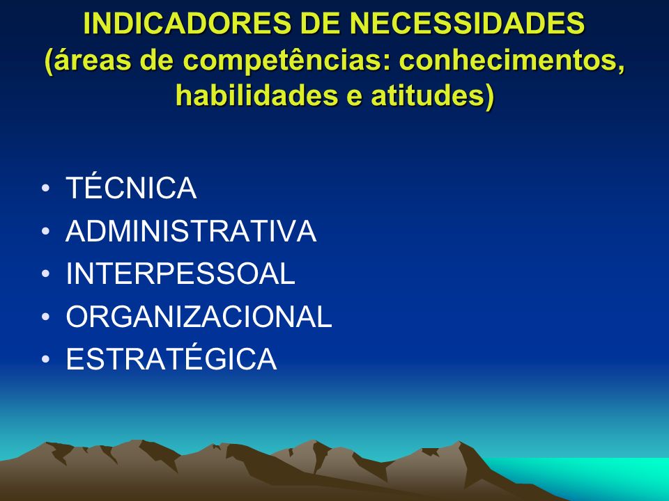 INDICADORES DE NECESSIDADES (áreas de competências: conhecimentos, habilidades e atitudes)