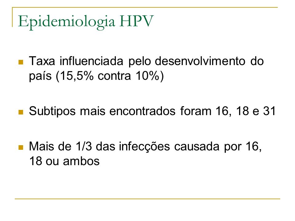 Epidemiologia HPV Taxa influenciada pelo desenvolvimento do país (15,5% contra 10%) Subtipos mais encontrados foram 16, 18 e 31.