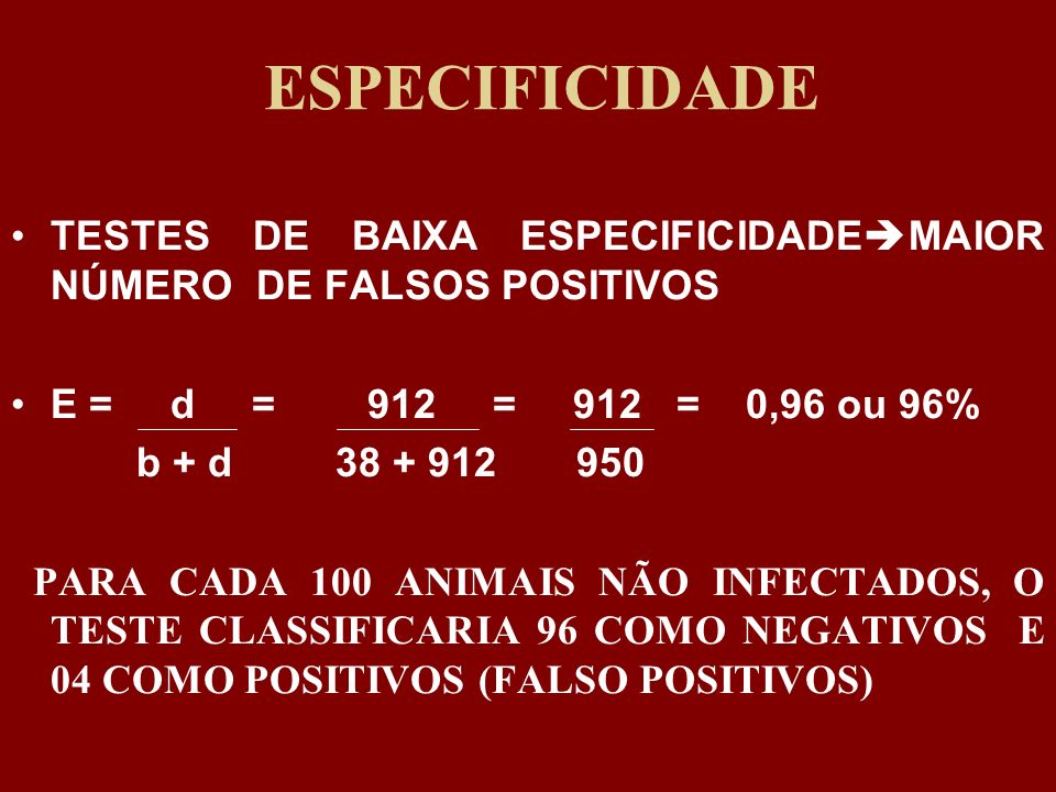 ESPECIFICIDADE TESTES DE BAIXA ESPECIFICIDADEMAIOR NÚMERO DE FALSOS POSITIVOS. E = d = 912 = 912 = 0,96 ou 96%