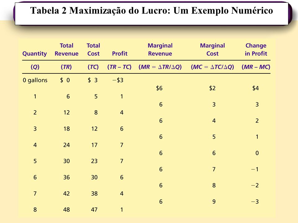 Tabela 2 Maximização do Lucro: Um Exemplo Numérico