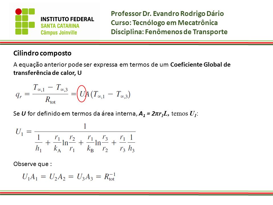 Cilindro composto A equação anterior pode ser expressa em termos de um Coeficiente Global de transferência de calor, U.